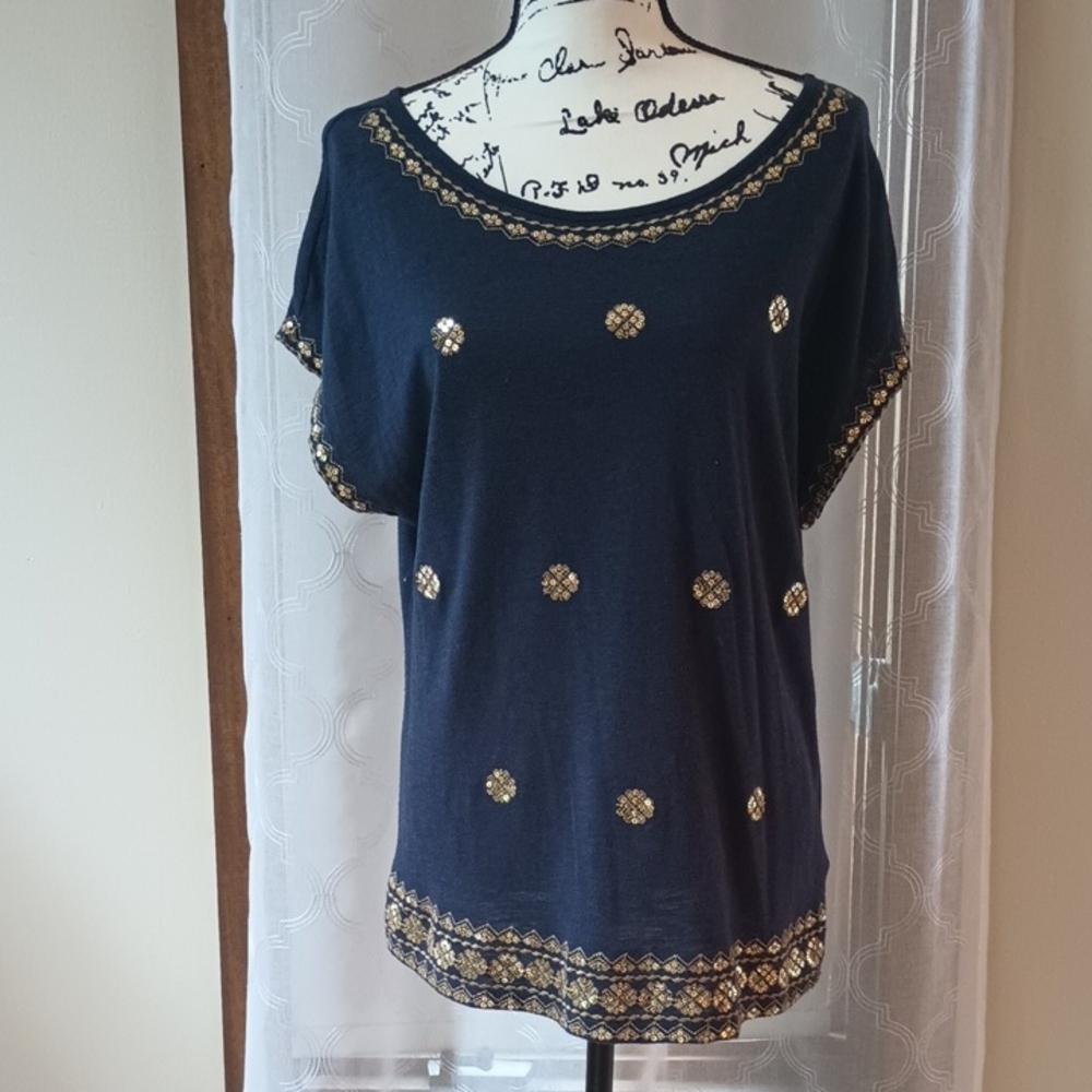 Dress Barn Navy Top with Gold Accents